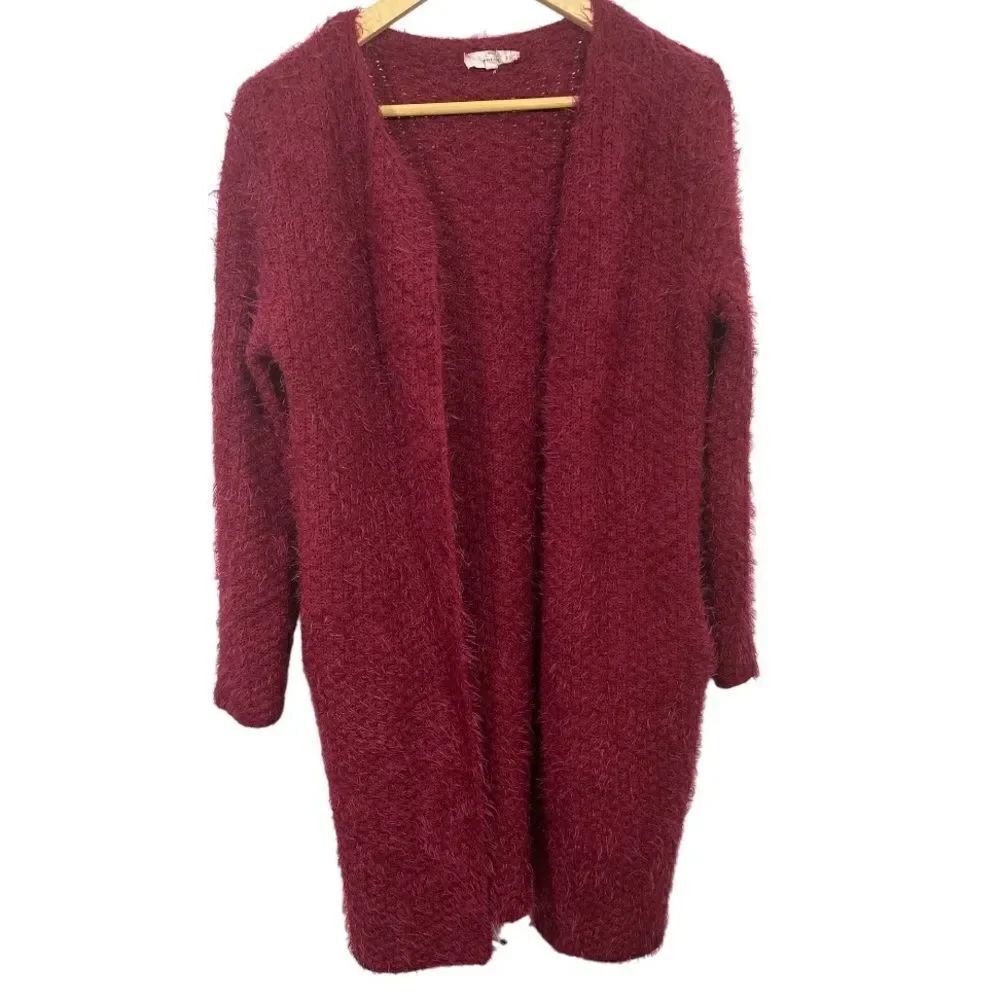 ENTRO Women’s Chunky Eyelash Texture Open Front Long Cardigan/Duster Red Small